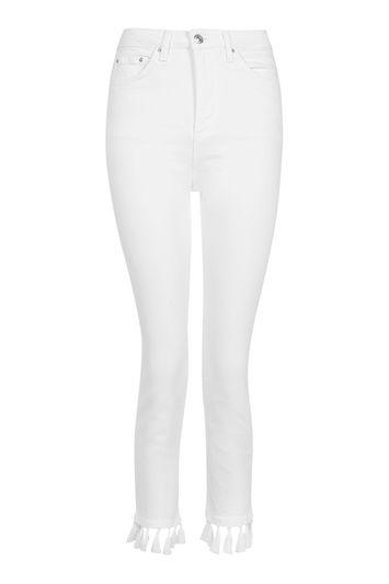 Topshop Moto White Tassel Hem Straight Leg Jeans