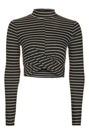 Topshop Stripe Long Sleeve Twist Front Crop Top