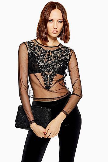 Topshop Petite Necklace Mesh Top