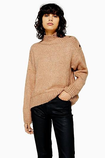 Topshop Camel Knitted Button Shoulder Jumper