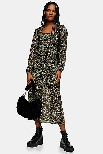 Topshop Floral Blouson Mesh Midi Dress