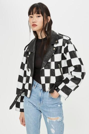 Topshop Checkerboard Leather Biker Jacket