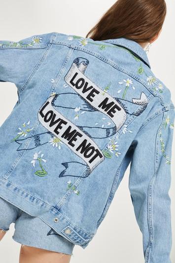 Topshop 'love Me Not' Embroidered Denim Jacket