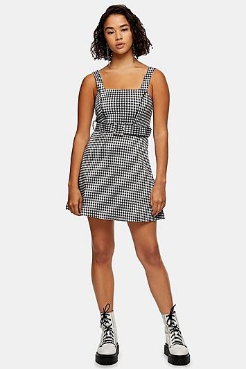 Topshop Petite Black And White Belted Pinafore Dress