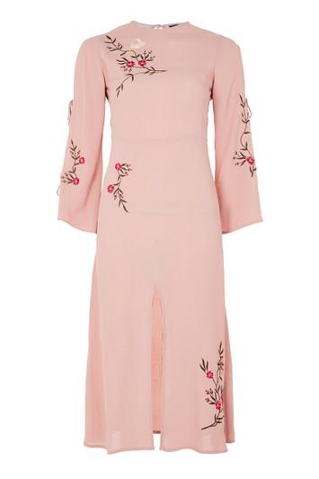 Topshop Embroidered Tie Sleeve Midi Dress