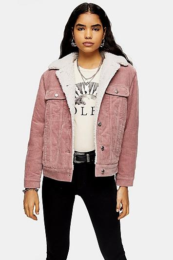 Topshop Pink Corduroy Oversized Borg Lined Jacket