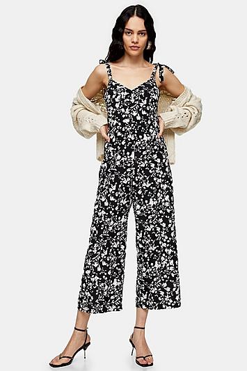 Topshop Black And White Floral Jumpsuit