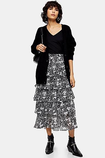 Topshop Black And White Floral Tiered Midi Skirt