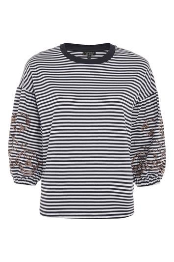 Topshop Embroidered Balloon Sleeve Stripe T-shirt