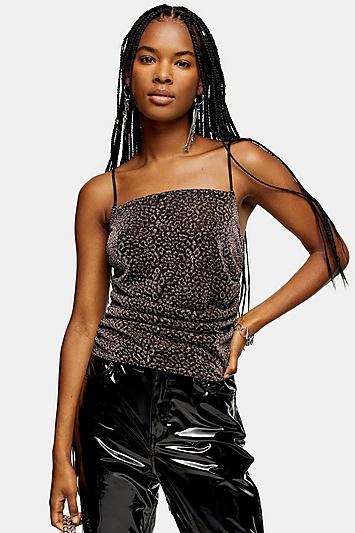 Topshop Leopard Print Metallic Thread Ruched Cami