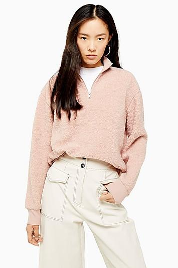 Topshop Pink Textured Zip Up Funnel Neck Sweatshirt