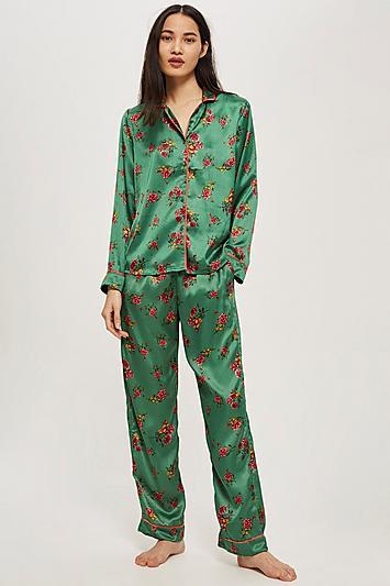Topshop Green Satin Floral Trousers