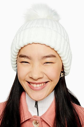 Topshop White Faux Fur Pom Beanie