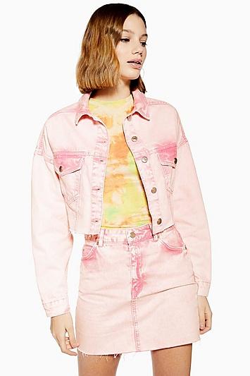 Topshop Pink Acid Wash Hacked Denim Jacket