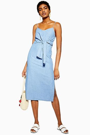 Topshop Blue Tie Front Denim Midi Dress