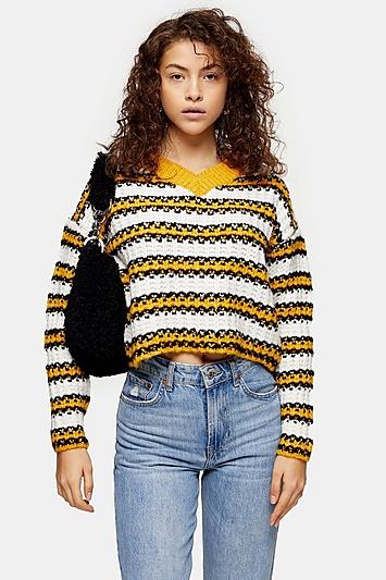 Topshop Petite Stripe Crop V Neck Jumper