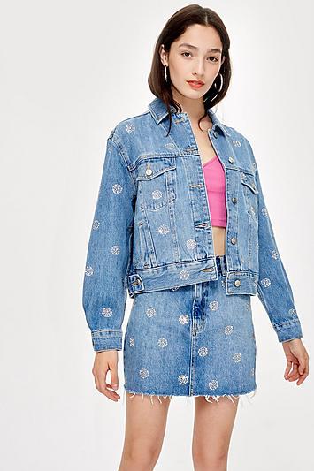 Topshop Diamante Spot Denim Jacket