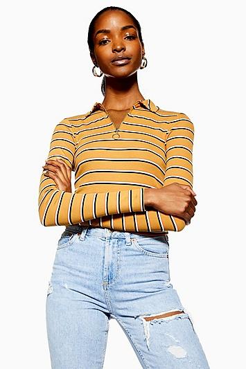 Topshop Long Sleeve Stripe Zip Polo