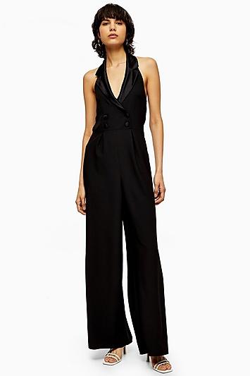 Topshop Black Satin Tuxedo Jumpsuit