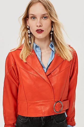 Topshop Red Leather Cropped Jacket