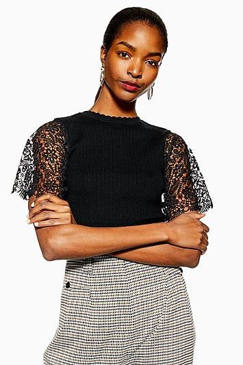 Topshop Lace Sleeve Knitted Jumper