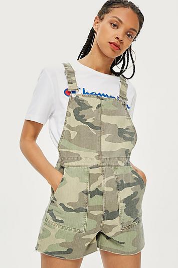 Topshop Camouflage Short Dungarees
