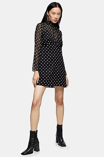 Topshop Black And White Shirred Neck Spot Mini Dress