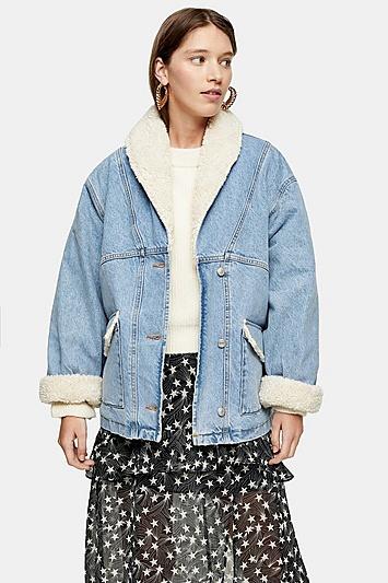 Topshop Denim Oversized Borg Lined Car Coat