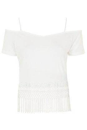 Topshop Cold Shoulder Tassel Fringe Top