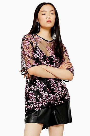 Topshop Mesh Pink Sequin T-shirt