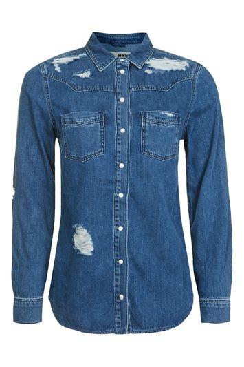 Topshop Moto Rip Fitted Denim Shirt