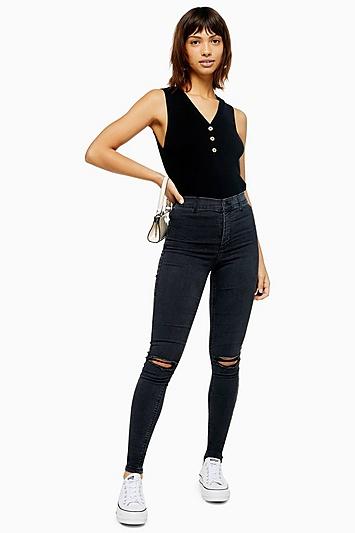 Topshop Washed Black Rip Belt Loop Joni Jeans