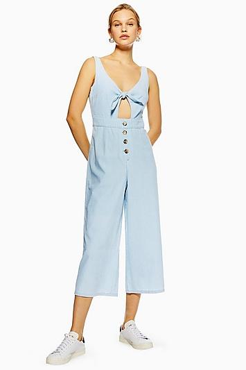 Topshop Tie Horn Button Denim Jumpsuit