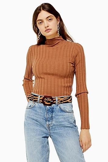 Topshop Camel Knitted Marl Funnel Neck Top