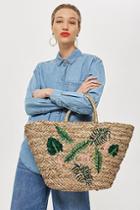 Topshop Monkey Embroidered Straw Tote Bag