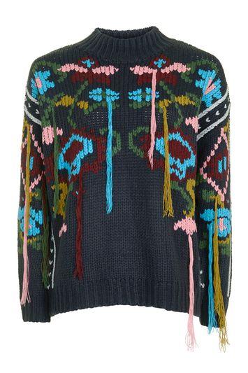 Topshop Luxe Floral Stitch Tassel Jumper
