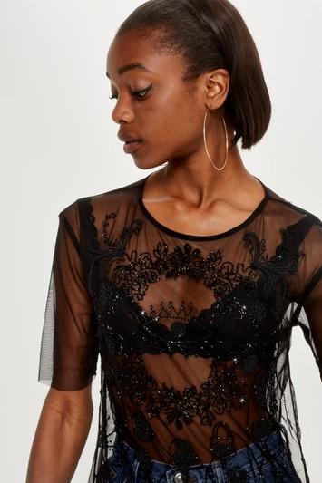 Topshop Embellished Oversized Mesh T-shirt