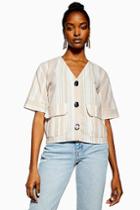 Topshop Beige Stripe Button Down Top With Linen