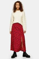 Topshop Red Floral Double Split Midi Skirt