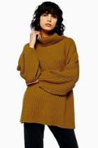 Topshop Brown Longline Roll Neck Jumper With Wool