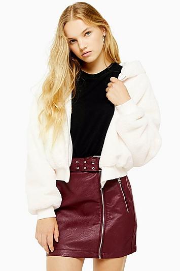 Topshop Cream Faux Fur Zip Hoodie