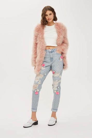 Topshop Moto Bleach Floral Diamante Mom Jeans