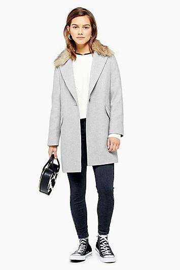 Topshop Petite Faux Fur Collar Grey Coat