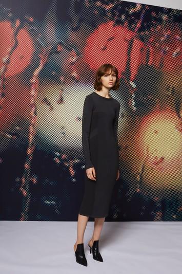 Topshop Lfw *black Pointelle Long Sleeve Midi-dress