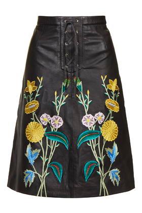 Topshop Embroidered Leather Midi Skirt