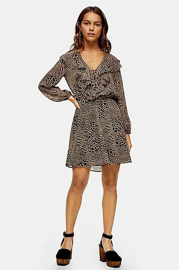 Topshop Petite Heart Animal Print Ruffle Mini Dress