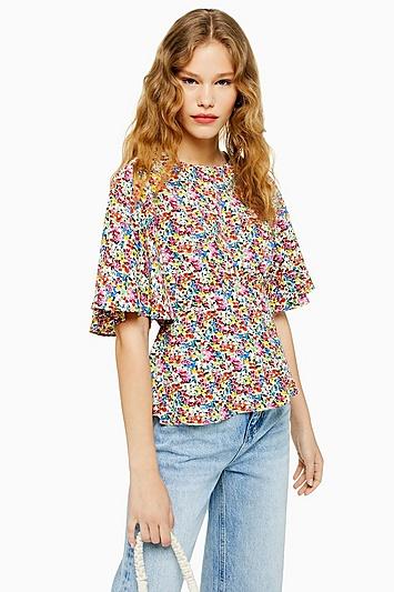 Topshop Tall Austin Floral Print Angel Sleeve Blouse