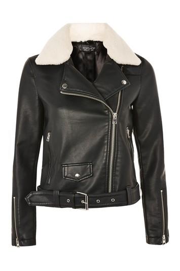 Topshop Borg Collar Faux Leather Biker Jacket