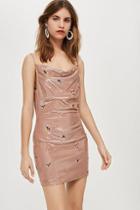 Topshop Petite Embroidered Bronze Cowl Bodycon Dress