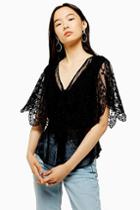 Topshop Black Embroidered Tie Front Blouse
